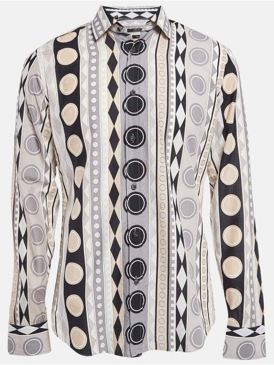 Gucci Other - GUCCI Striped Geometric Print Button-Up Shirt in Black, Gray & Cream